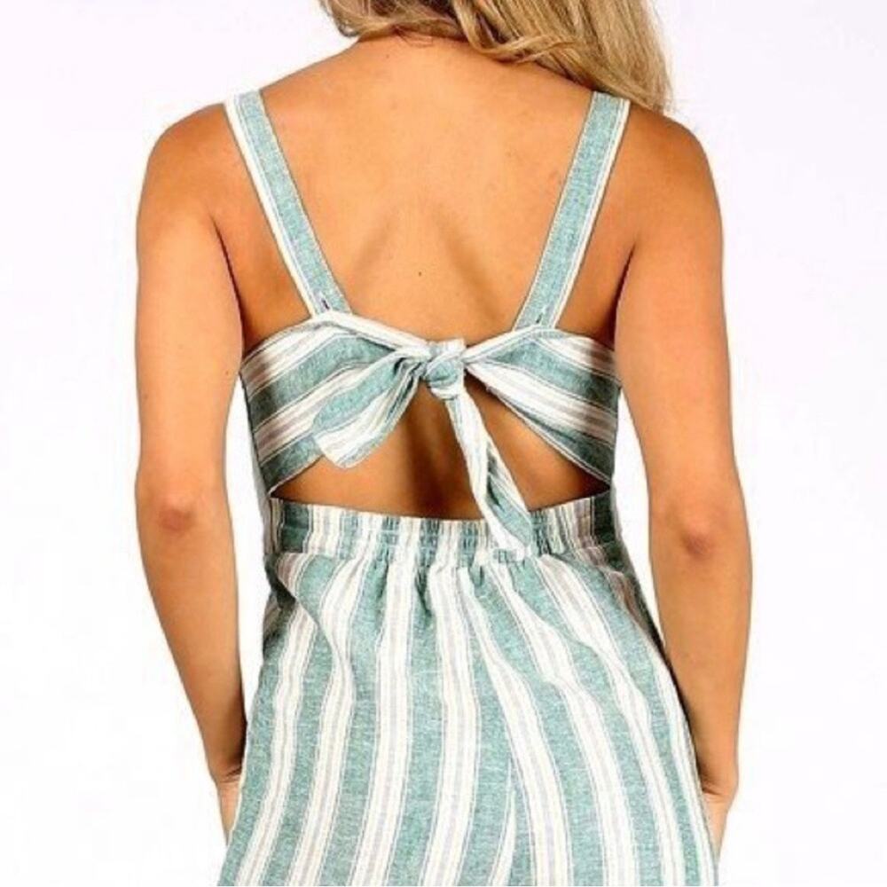 Womens Linen Blend Jumpsuit M Kelly Green Striped Wide Leg Sleeveless Tie Back - Picture 3 of 11